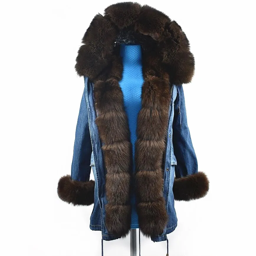 Женская куртка из натурального Лисьего меха, натуральный Лисий мех, джинсовое пальто средней длины, осенние и зимние вечерние, модные