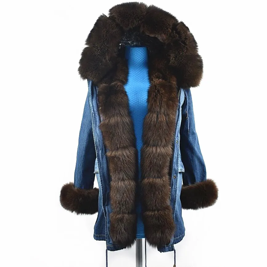 

2018Women's Natural Fox Fur Jacket Real Fox Fur Denim Coat Medium long autumn and winter party to overcome with hat fashion to