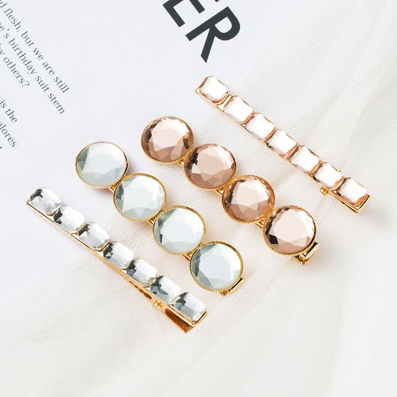 

Korean crystal Rhinestones hairpin hairclip geometry round square bead gold clips set hair jewelry Accessories barrette 2019 NEW