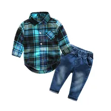 Одежда для детей младшего возраста рубашка в клетку с джинсы синего цвета; bebes; комплект одежды 2 шт./компл. горячая Распродажа chlild комплект одежды