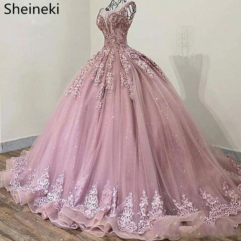 2019 Sheer Lace Pink Evening Dress Ball Gown Appliques Beads Sweep Train Formal Long Prom Dresses robe de soiree | Свадьбы и