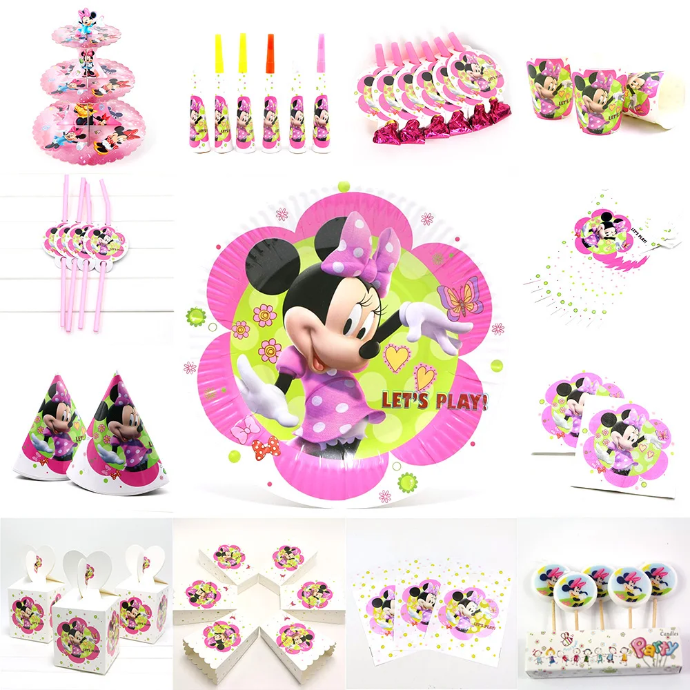 

Kids Birthday Party Minnie Mouse Decoration Set Party Supplies Paper Cup Plate Napkins Banner/Flag Hat Straw Candy Box