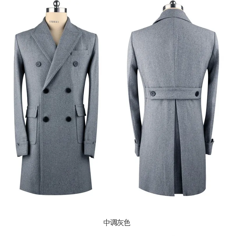URSMSRT Новое мужское шерстяное пальто, зауженное мужское светло-серое пальто