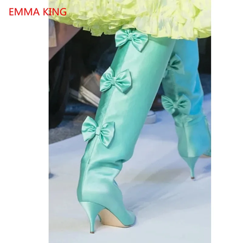 Модный сверкающий Блестящий женские сапоги до колена пикантная обувь на высоком каблуке с острым носком зимние высокие сапоги без застежки с бантом сзади