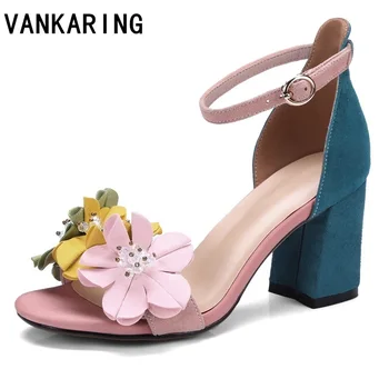 

VANKARING women 2019 new summer fashion gladiator sandals shoes high heels multi flowers genuine leather woman dress party shoes