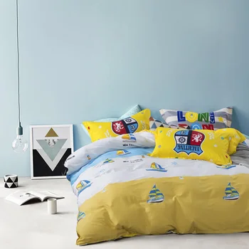 

sea boat 78"x90" duvet cover yellow flat sheet pillowcase 100% cotton queen 4pcs boys bed ding sets