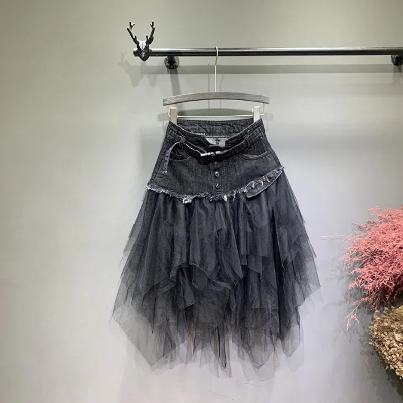 

2019 Summer Denim Blue Jean Skirt Women irregular Tulle Skirts High Waist Mesh Patchwork Pleated Mid-Calf Skirt Tutu High Street
