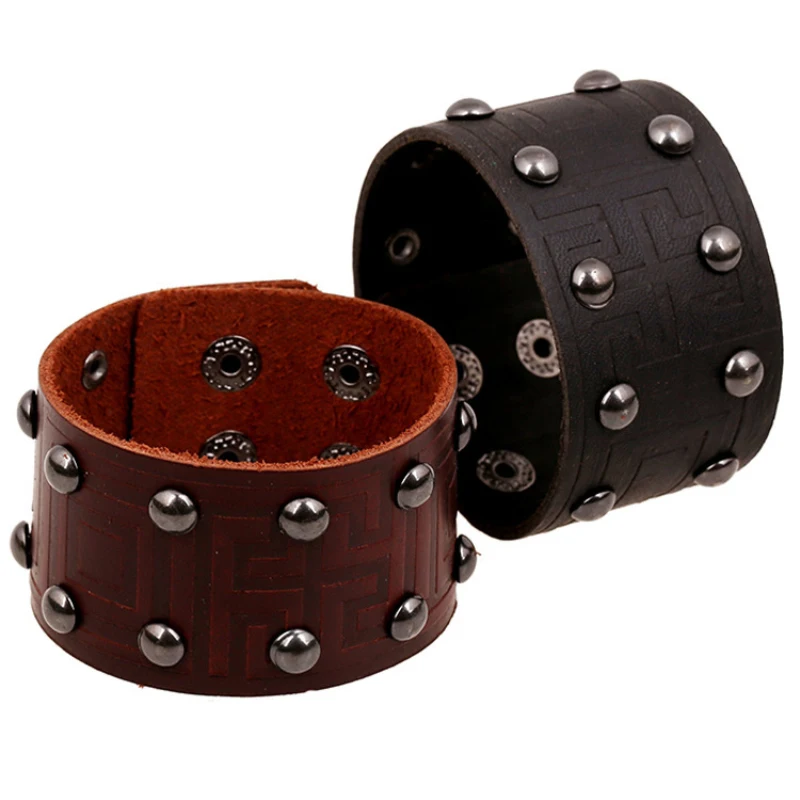 

Unisex Jewelry Handmade Punk Retro Black/Brown Genuine Leather Rivet 4CM Wide Alloy Buckle Bracelets Bangles for Women Men