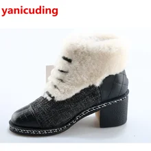 Белый Мех животных Для женщин зимние теплые ботильоны спереди Обувь На Шнуровке Обувь на среднем каблуке Полусапожки Элитный Бренд Super Star Обувь для подиума Снегоступы