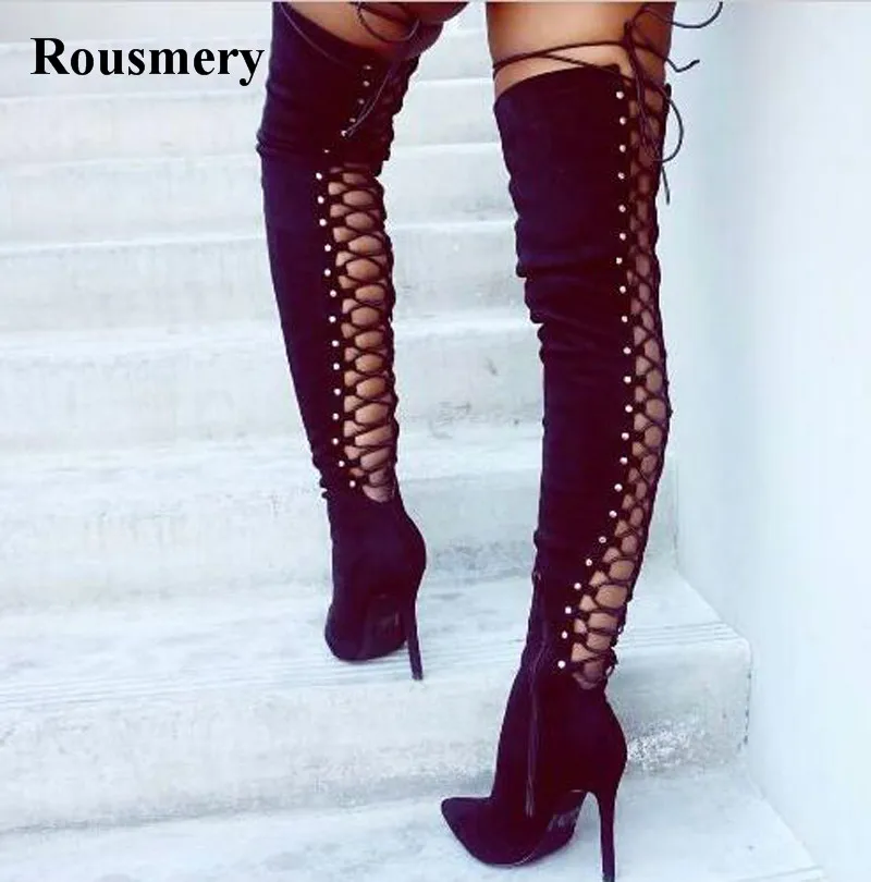 New Fashion Women Fashion Pointed Toe Suede Leather Lace-up Over Knee Gladiator Boots Back Cut-out High Heel Long Boots New Fashion Women Fashion Pointed Toe Suede Leather Lace-up Over Knee Gladiator Boots Back Cut-out High Heel Long Boots
