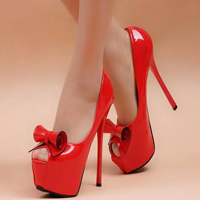 Женские туфли на очень высоком каблуке; пикантные туфли на платформе с милым бантиком в стиле принцессы; однотонные туфли на высоком тонком каблуке с открытым носком - Цвет: Красный