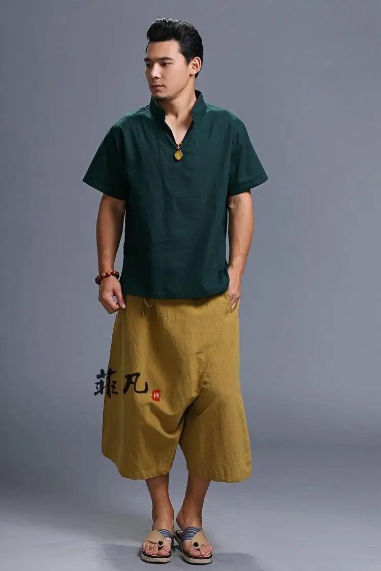 Мужская одежда Китайский Стиль льняные Капри свободные Бриджи штаны большие свободные штаны тонкие певиц - Цвет: Цвет: желтый