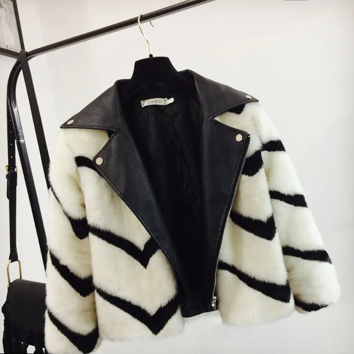 

Spring Winter Women Short Jacket Coat Students Temperament Long Sleeve Imitation Fur Patchwork Faux Leather Jackets Fur Coats
