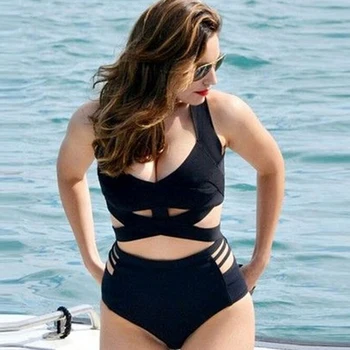 

Plus Size Swimwear Black Cut Out High Waist Push&Up Padded Bandage Swimsuit Bikini 2017 Bathing Suit for Women Swimming suit