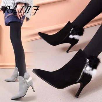 

RLINF Female Leather Rabbit Cattle Skinny High Heel Wild Warm shoes