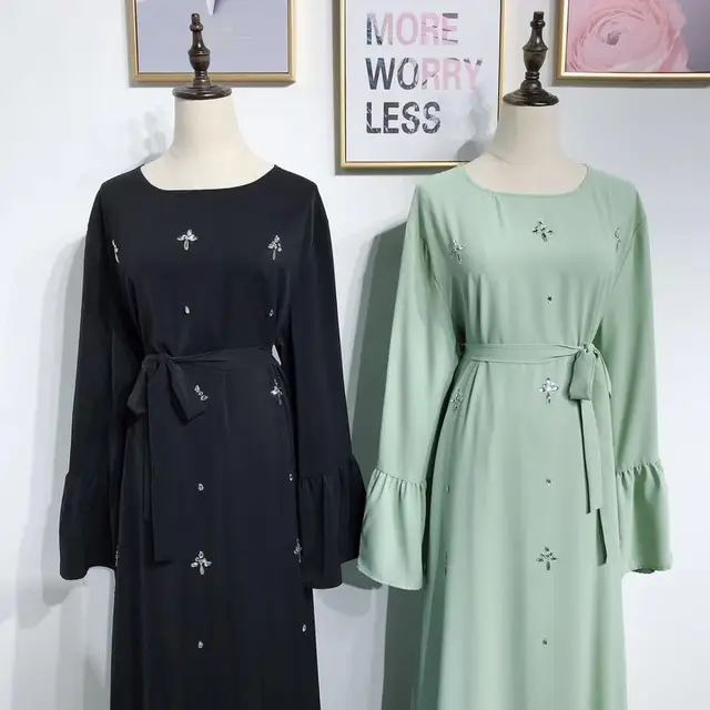 Abaya Robes musulmanes en perles de diamant faites à la main avec ceinture, peignoir, volants pleine longueur – Image 5