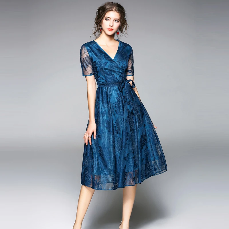 Spring Elegant Women Floral Lace Long Dress Calf Length Party Dressess