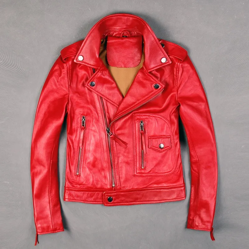 Осень для женщин пояса из натуральной кожи мотоциклетная куртка короткие из натуральной кожи овчины тонкий дизайн пальто красные, черные кожаные куртк - Цвет: red