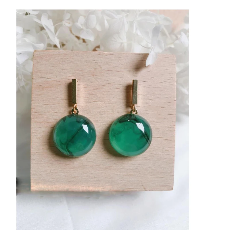 Dayoff Korea Vintage Earrings Temperament Round Earrings For Women Jewelry Resin Stone Simple Green Gold Dangle Earrings E607