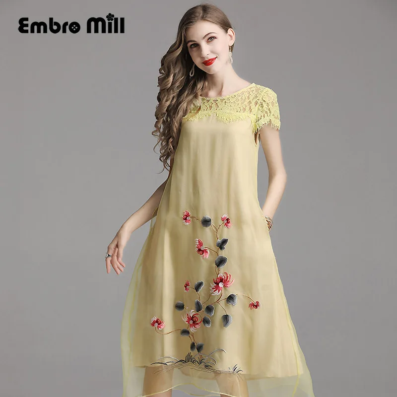 

High-end folk-custom summer Retro silk embroidery Floral dress O-neck splice Lace Organza elegant Fashion version dress S-XXL