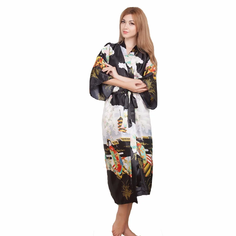 Novelty Black Printed Long Women Kimono Robe Vintage Printed Nightgown