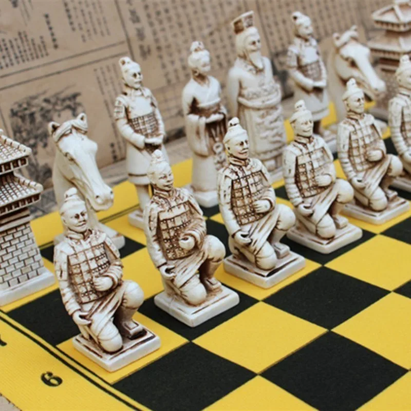 Antique Chess Large Chess Pieces Leather Chessboard Terracotta Resin Pieces Character Modeling Parent-child Gifts Yernea