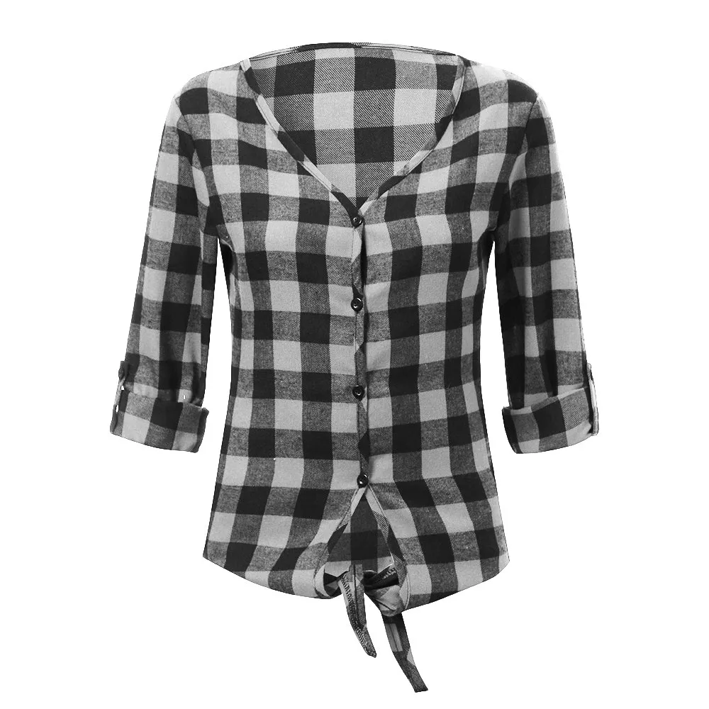 FREE OSTRICH Women New Arrival Classic Fashion Blouse Plaid V-neck Loose Female Casual Button Ladies Shirt Knotted Plus Size Top - Цвет: Серый