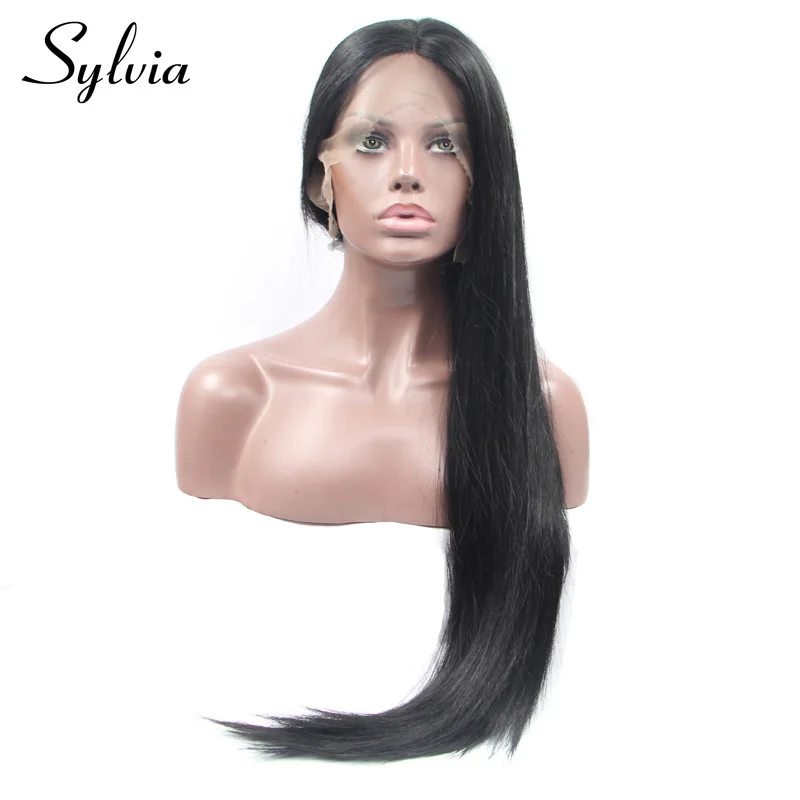 Sylvia 1b Black Long Silky Straight Synthetic Lace Front Wig for Black Woman Glueless Heat Resistant Fiber Hair Middle Parting