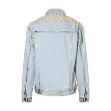 Джинсовая куртка шикарная Женская осенне-зимняя высококачественная джинсовая куртка в уличном стиле с бусинами на плечах с золотым тиснением