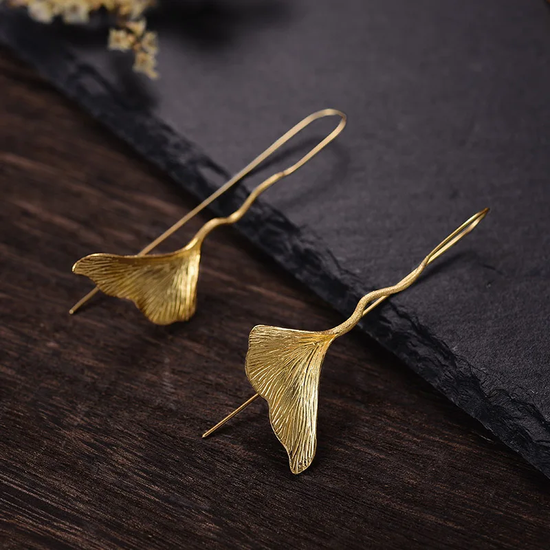 Lotus Fun Orecchini A Goccia In Argento 925 Con Foglia Di Ginkgo, Fatti A Mano, Unici Per Donna
