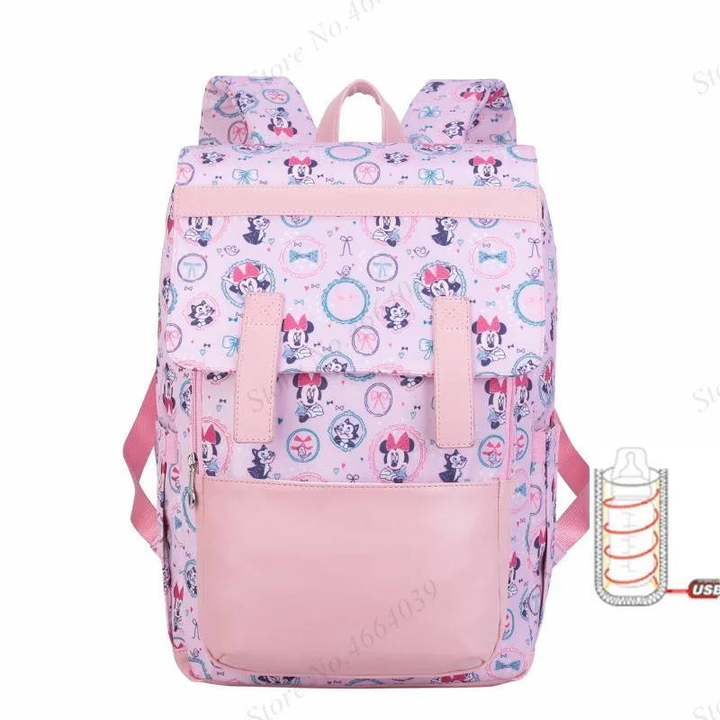 Дисней Usb Отопление пеленки сумка для малышей мама пеленки рюкзак мультфильм дорожная сумка большой емкости детские подгузники для беременных - Цвет: Pink with USB Heater