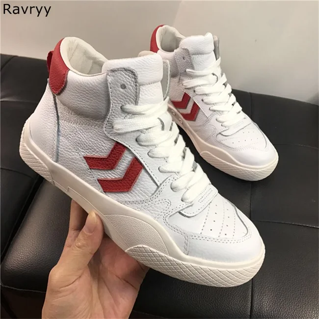 

2018 Fashion lace up woman casual shoes leather high top female sports Shoes white red mixed color flat shoes round toe design