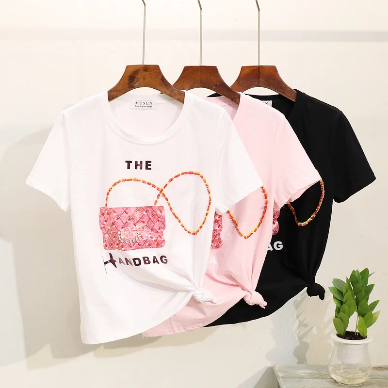 

A New European Short Sleeve Top for Summer Garments in 2019 with Nail-bead Sequins Packing Printed T-shirts