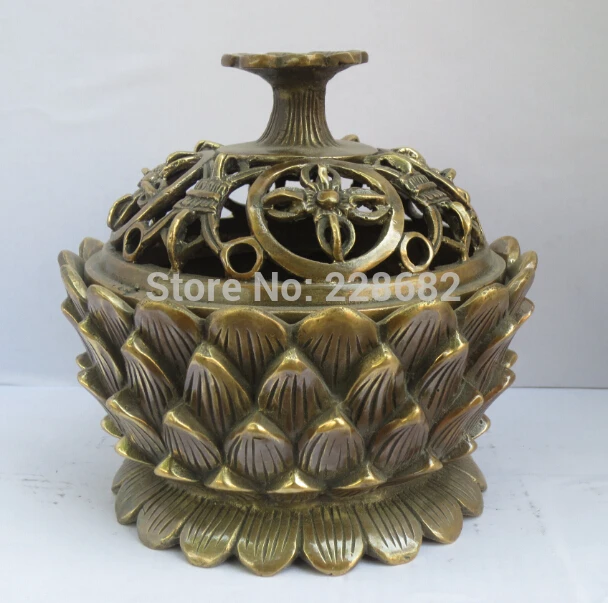 

Collectible Chinese Old Copper Carved 4 Lotus Incense Burner Chinese Temple Censer fast Shipping