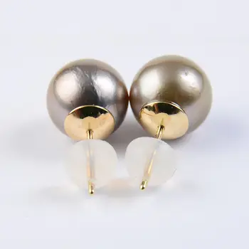 

Free Shipping 10MM Natural Color Genuine Tahitian Pearl Ear Stud Earrings 9K Solid Yellow Gold