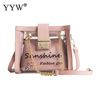 

YYW Clear Pink Designer Woman 2019 New Fashion Messenger Bag Chains Shoulder Bag Female Pvc Letter Transparent Square Pu Handbag