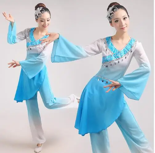 

(0110) Chinese classical dance costumes yangko dance blue costumes female Poetic sequined zither performance costumes drum wear