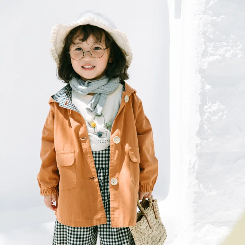 Осень корейский детские куртки модные клетчатые длинные Тренч с капюшоном пальто Верхняя одежда для малышей и положительные и отрицательные пальто - Цвет: as photo