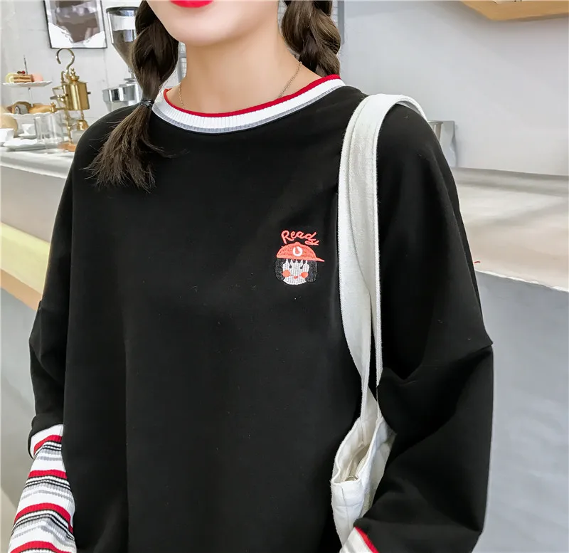 korean Autumn Harajuku long Sleeve Loose Tops tee Stripe black T-shirt Female fashion women Patchwork cartoon Embroidery T shirt