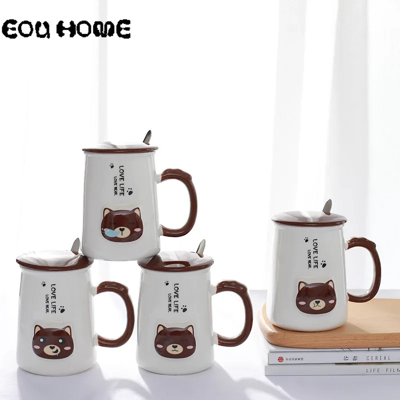 

Creative Cartoon Brown Bear Coffee Mug Embossed Cups and Mugs with Lid and Spoon Office Tea Cup Children Breakfast Milk Cups