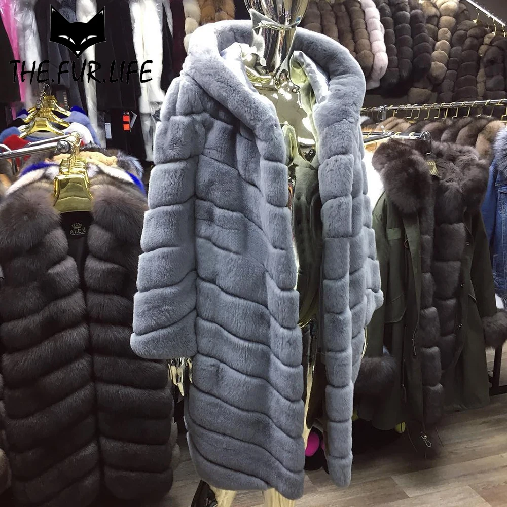 Wholesale Promotion Rex Rabbit Fur Coat For Women Winter Outerwear Jackets Real Fur Rabbit Coats With Warm Hooded All-match Tops