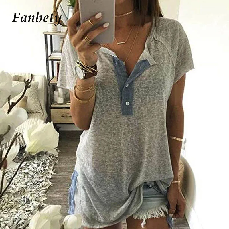 Fanbety летняя блузка рубашка Для женщин лоскутное Повседневное короткий рукав с круглым вырезом и пуговицами; тапочек со свободным верхом женские туники, блузки, топы размера плюс
