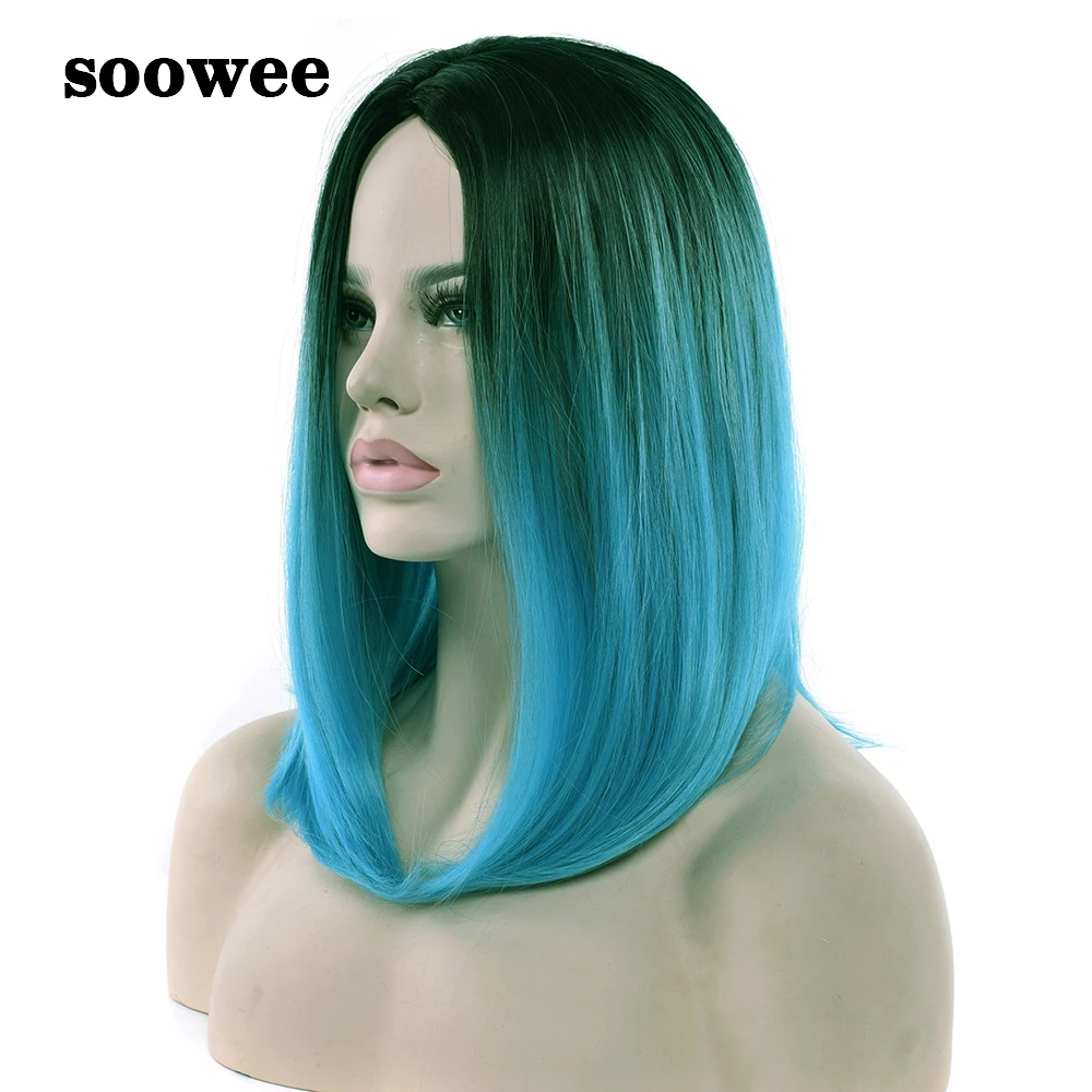 Soowee Ombre Синий парик синтетические волосы короткие парики для черных женщин Боб