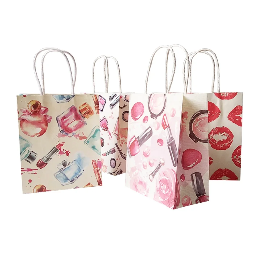 

50 Pcs/lot 15x18cm Cosmetic Pattern Printing Paper Bags With Handle Gift Bags Party Favor Wedding Packaging Storage Bags