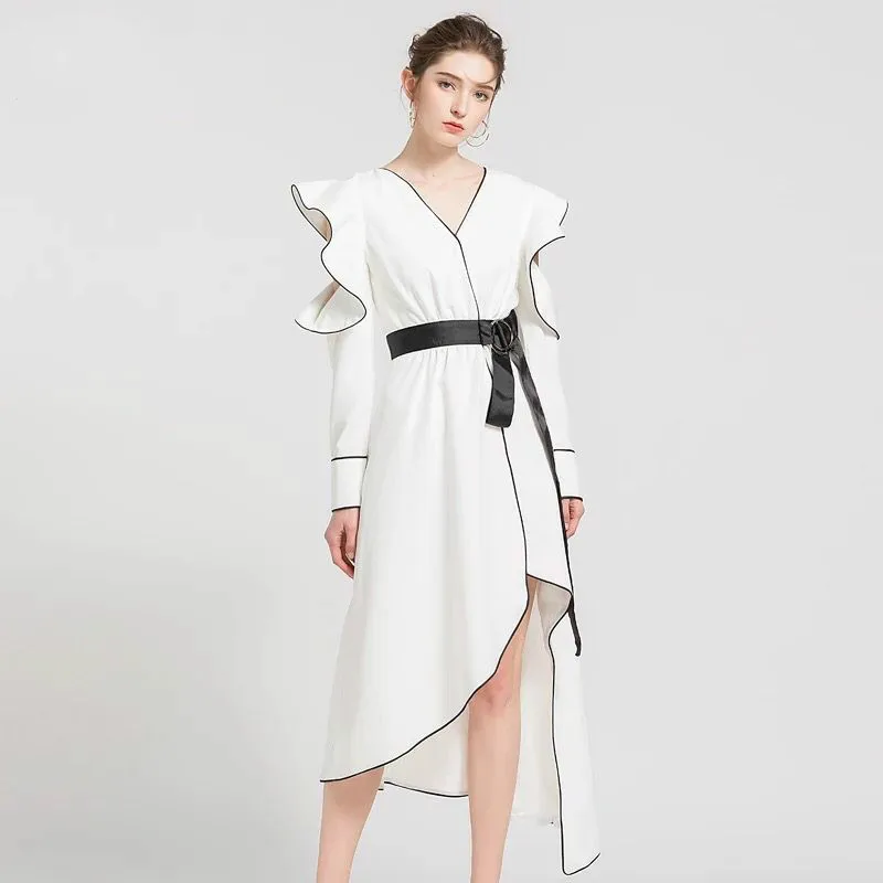 

New Runway Designer Dress Maxi Long Irregular Sexy Backless V-neck Patchwork Sash 2018 Summer Female Party Ruffle Sleeve Vestido