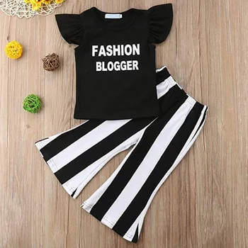 

Two Piece Letter Short Sleeve T-striped Flared Pants Cotton Girl Outfit Summer Clothes AN88