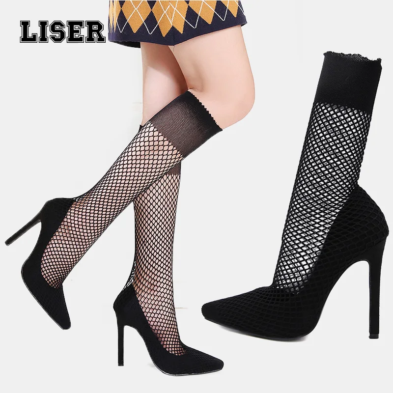 

2019 autumn sexy women pumps 11cm high heels knee high black lace net nightclub dancing fetish designer style sock pumps shoes