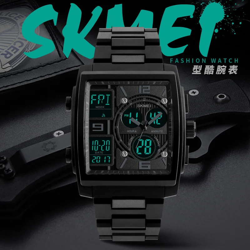 SKMEI 1274 Luxury Military Men Watch Relogio Stainless Steel Casual Digital Wristwatches Square Sport Electronic Watch Masculino