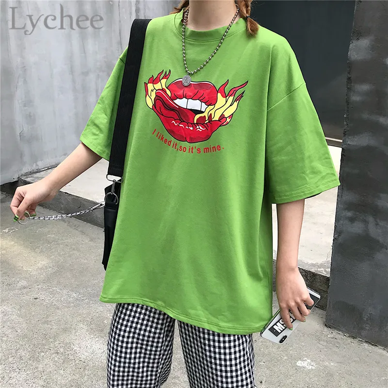 Женская футболка с надписью Lychee Harajuku летняя зеленая коротким рукавом и круглым