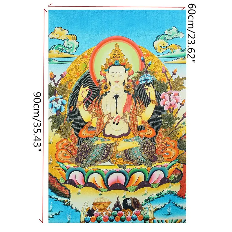 

KiWarm 36" Tibet Silk Cloth Embroidery 4 arms Chenrezig Buddha Goddess Bodhisattva Decorative Hangging Painting Home Decor